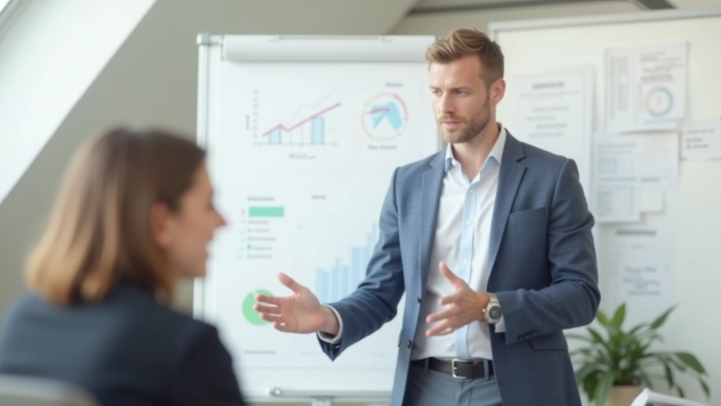 Muž vysvětluje finanční pojmy mladému muži u tabule