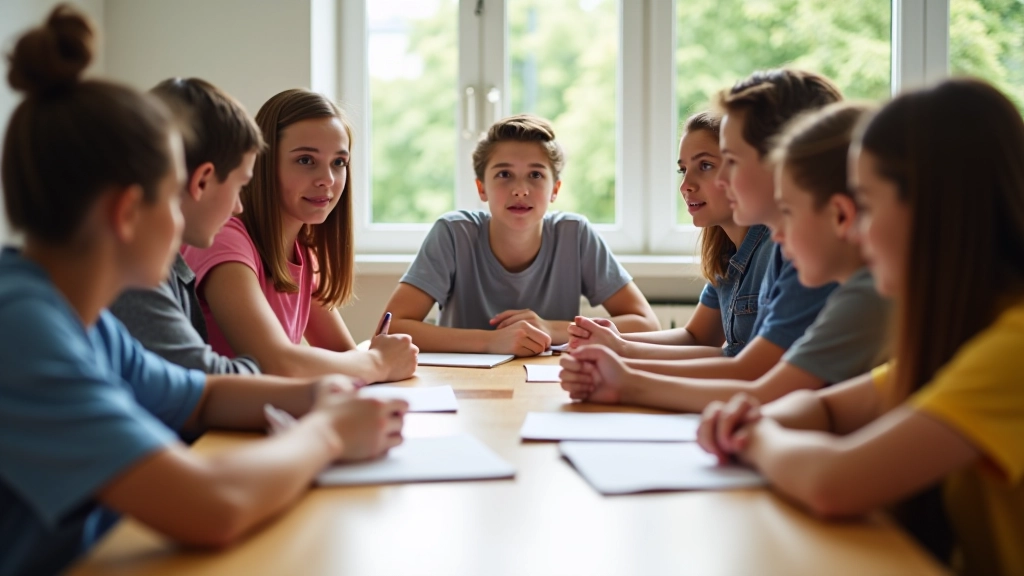Skupina teenager sedící u stolu a diskutující o financích