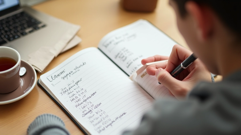 Ruka zapisující výdaje do denního deníku s grafi výdajů