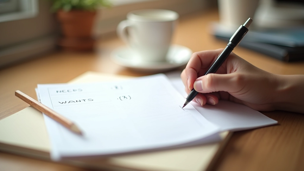 Rozpočtovací notebook s rukou zapisující položky do sloupců potřeb a přání