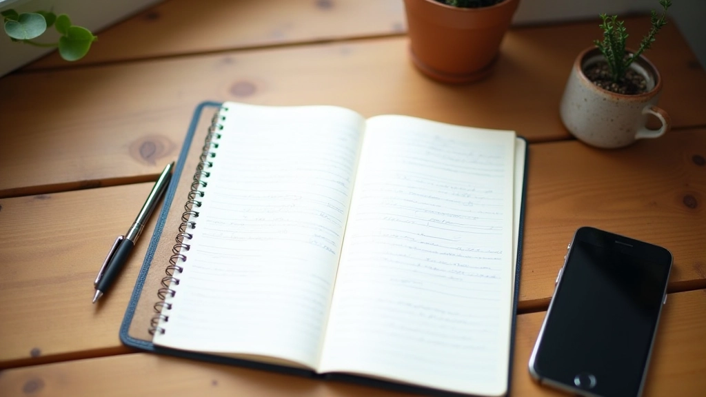 Otevřená poznámková kniha na dřevěném stole s perem a mobilním telefonem
