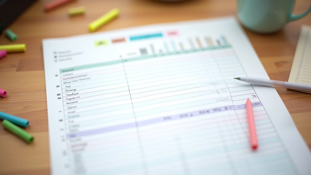 Seznam výdajů rozdělených do kategorií se čísly a barvitými značkami