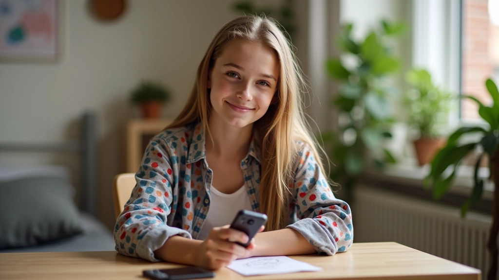 Mladá dívka s mobilem a penězi na pracovním stole
