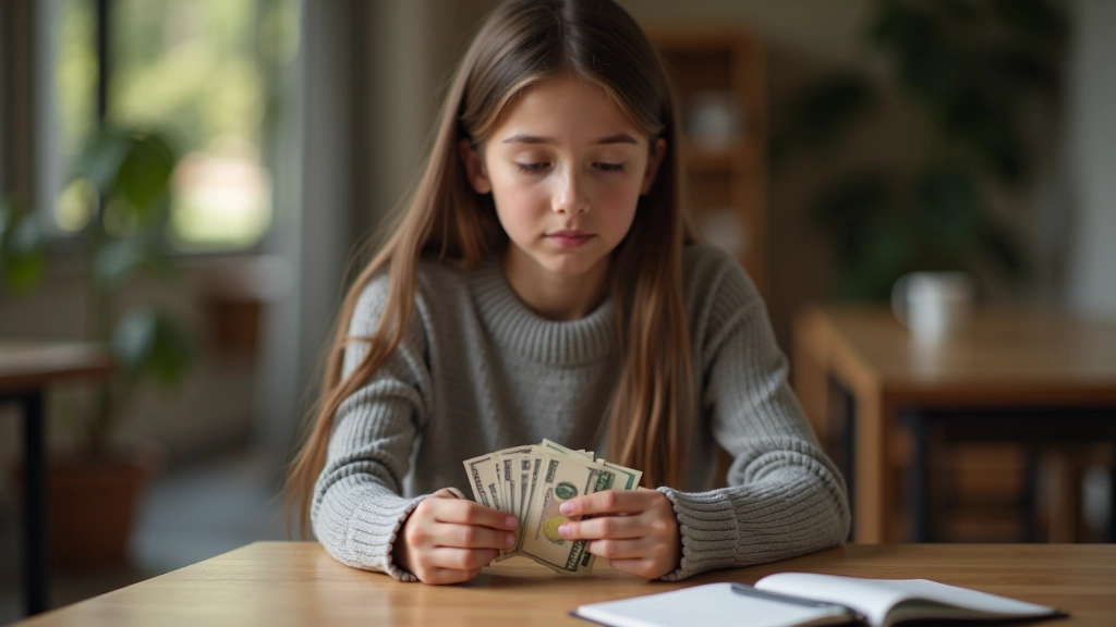 Mladá dívka počítá bankovky na studentském stole s diárem a kalkulačkou