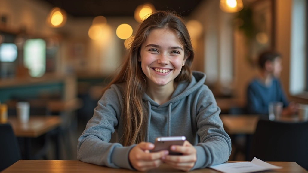 Mladá dívka kouká na mobilní telefon s aplikací banky