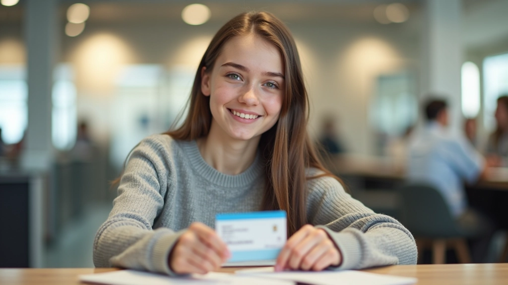 Mladá dívka s občanským průkazem a dokumenty v bance