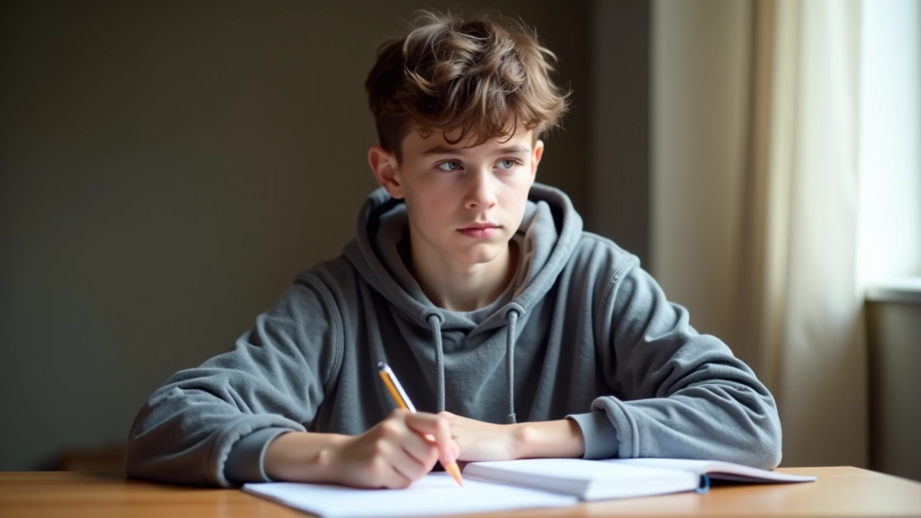 Teenager sedí u stolu se svými poznámkami o finančních plánech