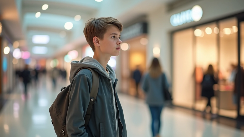 Teenager stojící v nákupním centru před vitrínami s oblečením a doplňky