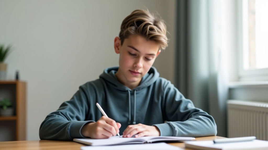 Mladá osoba sedí u stolu s tužkou a psaním cílů spořit do diáře