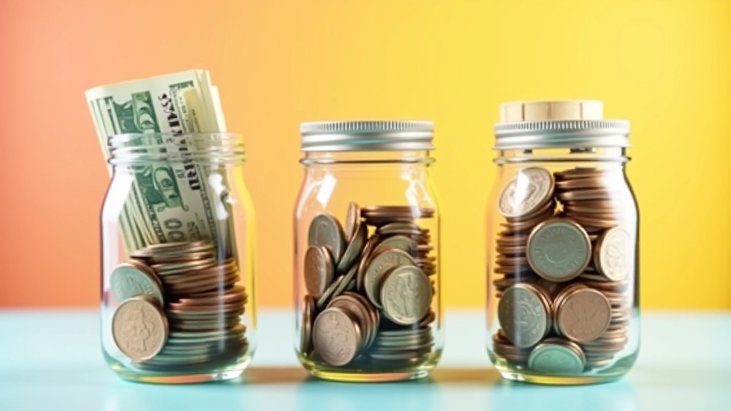 Tři barevné sklenice s mincemi v různých stupních naplnění, reprezentující úspory