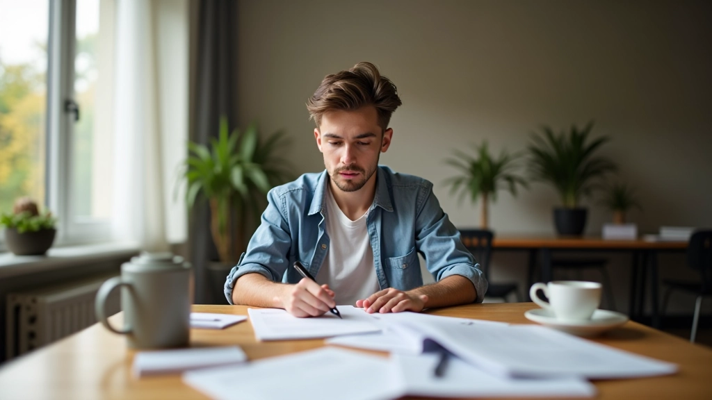Mladý člověk studující finanční dokumenty u stolu s kávou