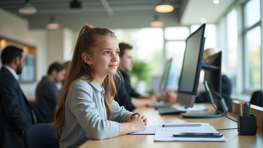 Mladá dívka sedící u počítače v bance se zaměstnancem banky